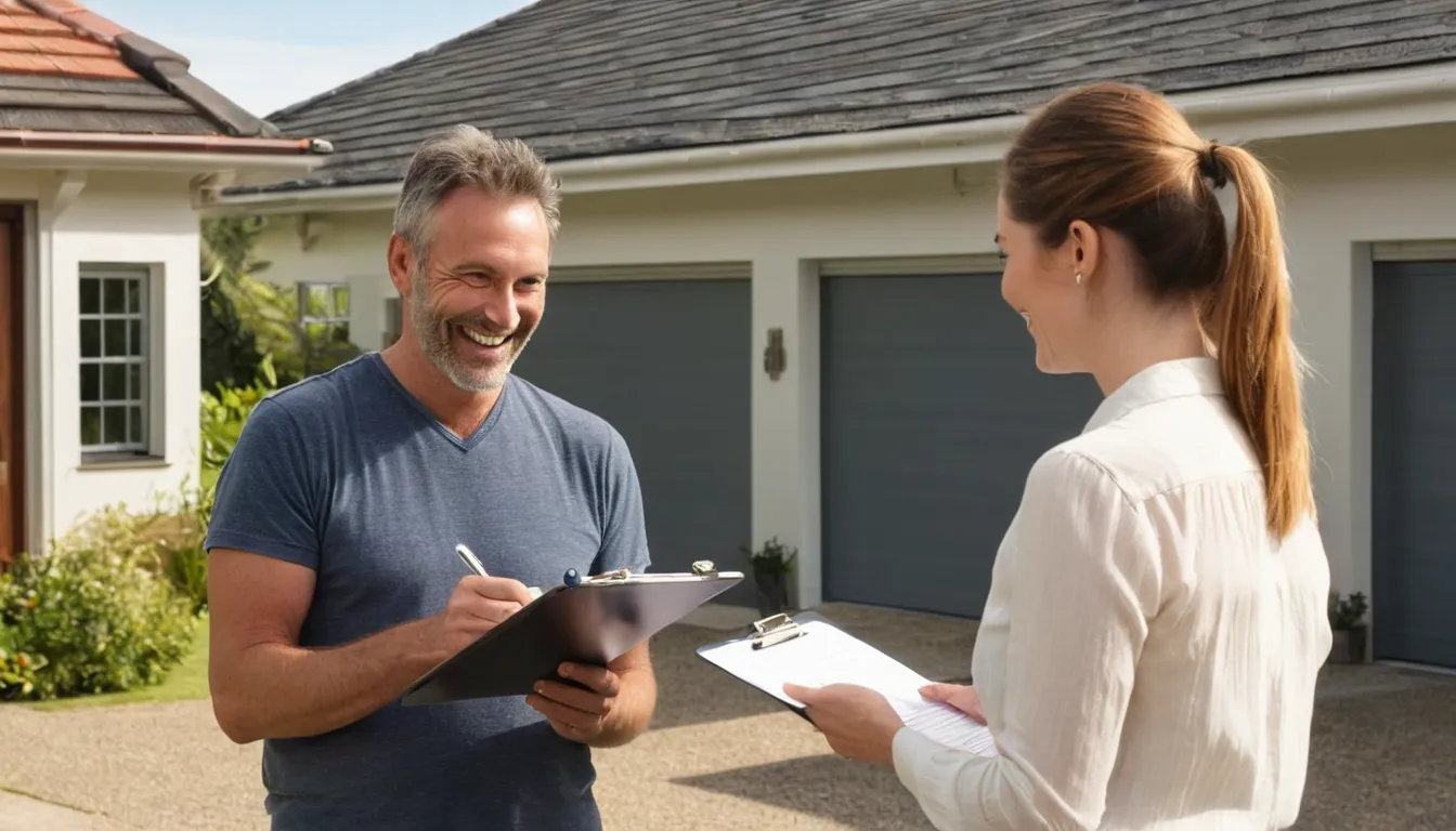 A homeowner talking with a garage door provider near an open garage in the Waconia area